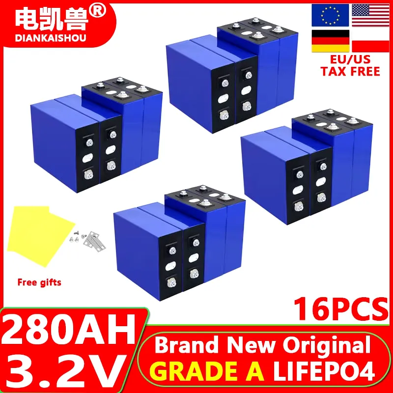 16Pcs New 3.2V 320Ah 280Ah 150AH 105Ah Lifepo4 Battery 3C Lithium Iron Phosphate Battery for 4S 12V 24V Golf Cart Yacht RV Solar