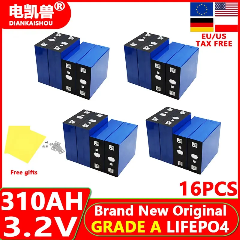 16Pcs New 3.2V 320Ah 280Ah 150AH 105Ah Lifepo4 Battery 3C Lithium Iron Phosphate Battery for 4S 12V 24V Golf Cart Yacht RV Solar