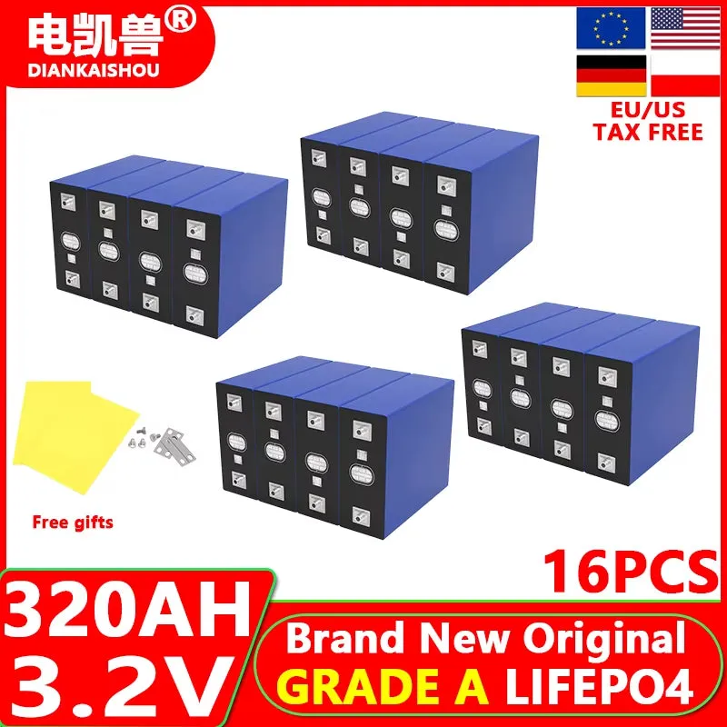16Pcs New 3.2V 320Ah 280Ah 150AH 105Ah Lifepo4 Battery 3C Lithium Iron Phosphate Battery for 4S 12V 24V Golf Cart Yacht RV Solar
