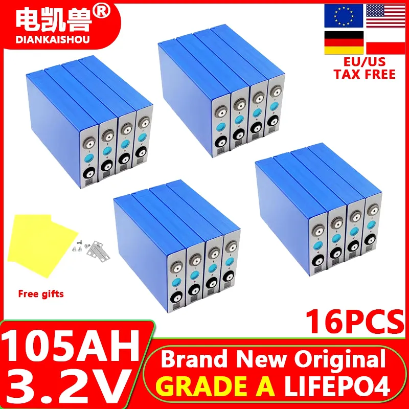 16Pcs New 3.2V 320Ah 280Ah 150AH 105Ah Lifepo4 Battery 3C Lithium Iron Phosphate Battery for 4S 12V 24V Golf Cart Yacht RV Solar