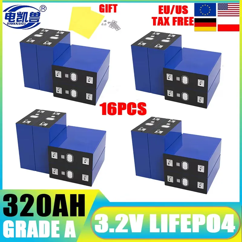 16Pcs New 3.2V 320Ah 280Ah 150AH 105Ah Lifepo4 Battery 3C Lithium Iron Phosphate Battery for 4S 12V 24V Golf Cart Yacht RV Solar