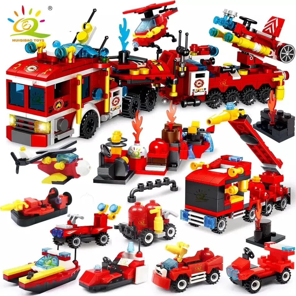 8 in 1 City Command Vehicle Model Building  Blocks, Firefighter Team Rescue Plane Boat Fireman Figure Brick