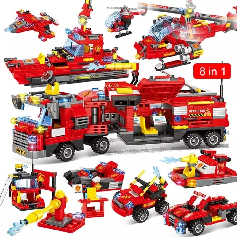 8 in 1 City Command Vehicle Model Building  Blocks, Firefighter Team Rescue Plane Boat Fireman Figure Brick