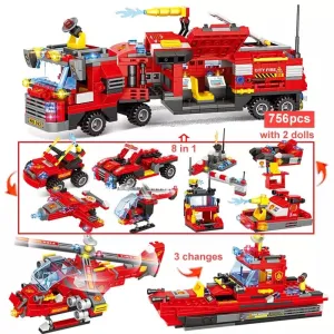 8 in 1 City Command Vehicle Model Building  Blocks, Firefighter Team Rescue Plane Boat Fireman Figure Brick