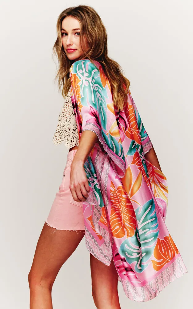 BAAP2517 Silky Floral Pattern Cover Up Kimono