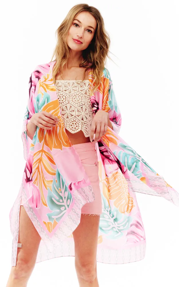 BAAP2517 Silky Floral Pattern Cover Up Kimono