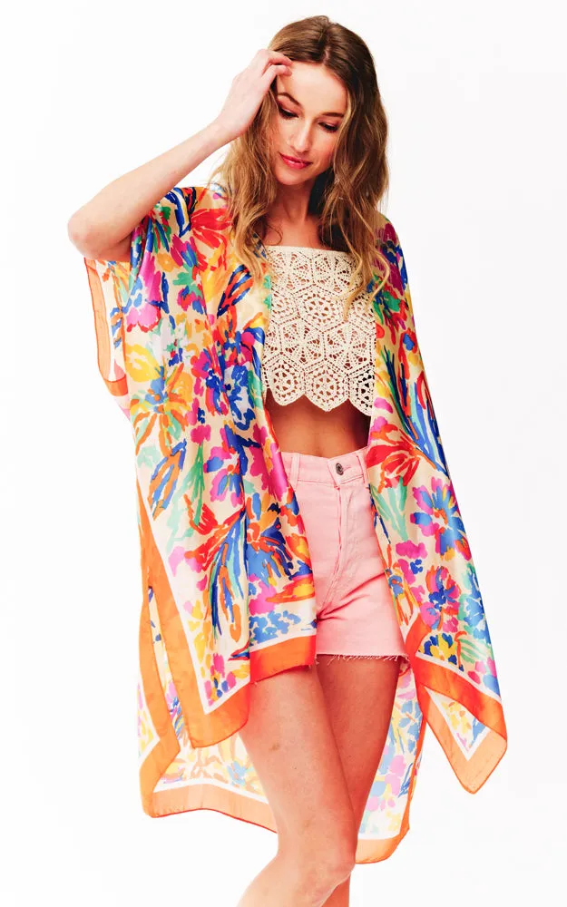 BAAP2518 Silky Floral Pattern Cover Up Kimono