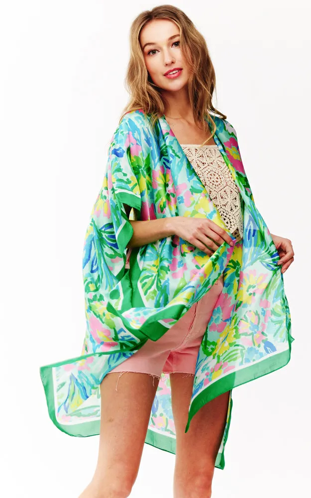 BAAP2518 Silky Floral Pattern Cover Up Kimono