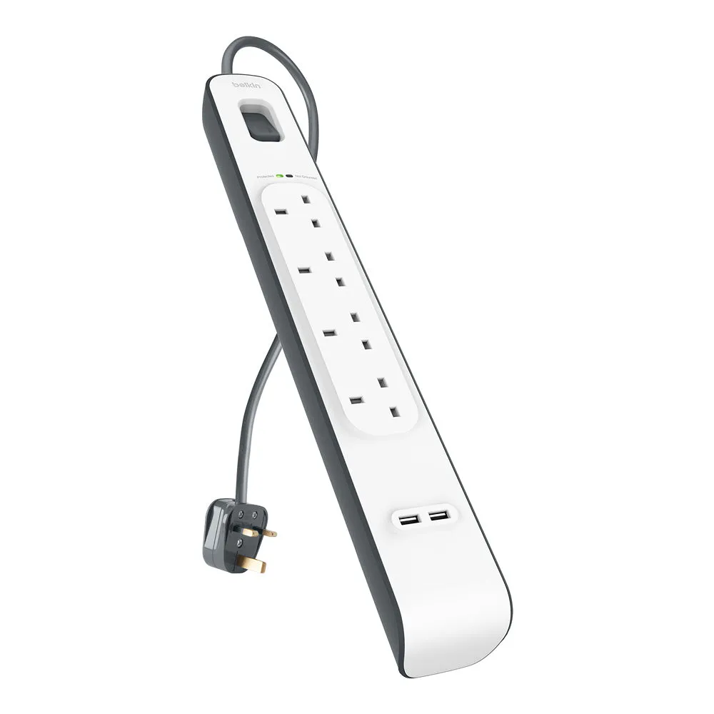 BELKIN 4 Way Surge Protection Strip - 2M With 2 X 2.4Amp USB Charging