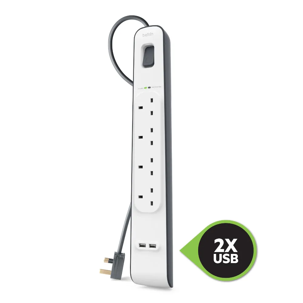 BELKIN 4 Way Surge Protection Strip - 2M With 2 X 2.4Amp USB Charging