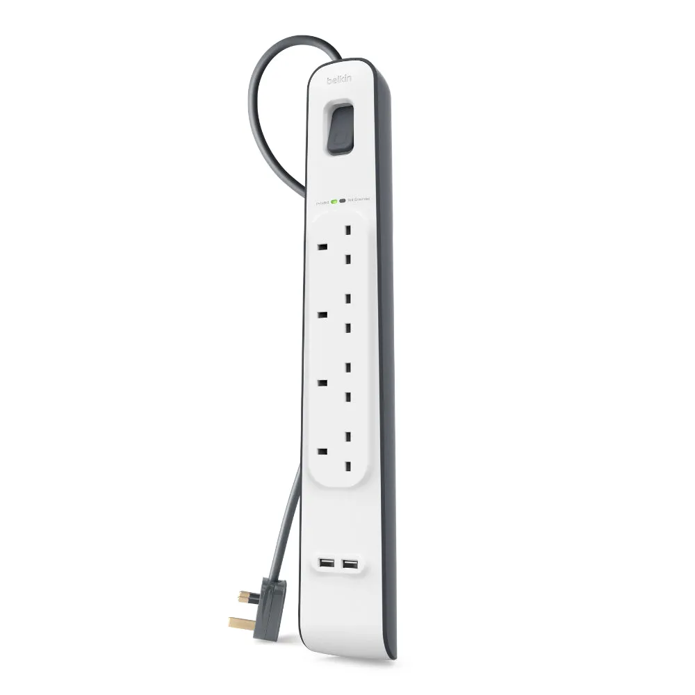 BELKIN 4 Way Surge Protection Strip - 2M With 2 X 2.4Amp USB Charging