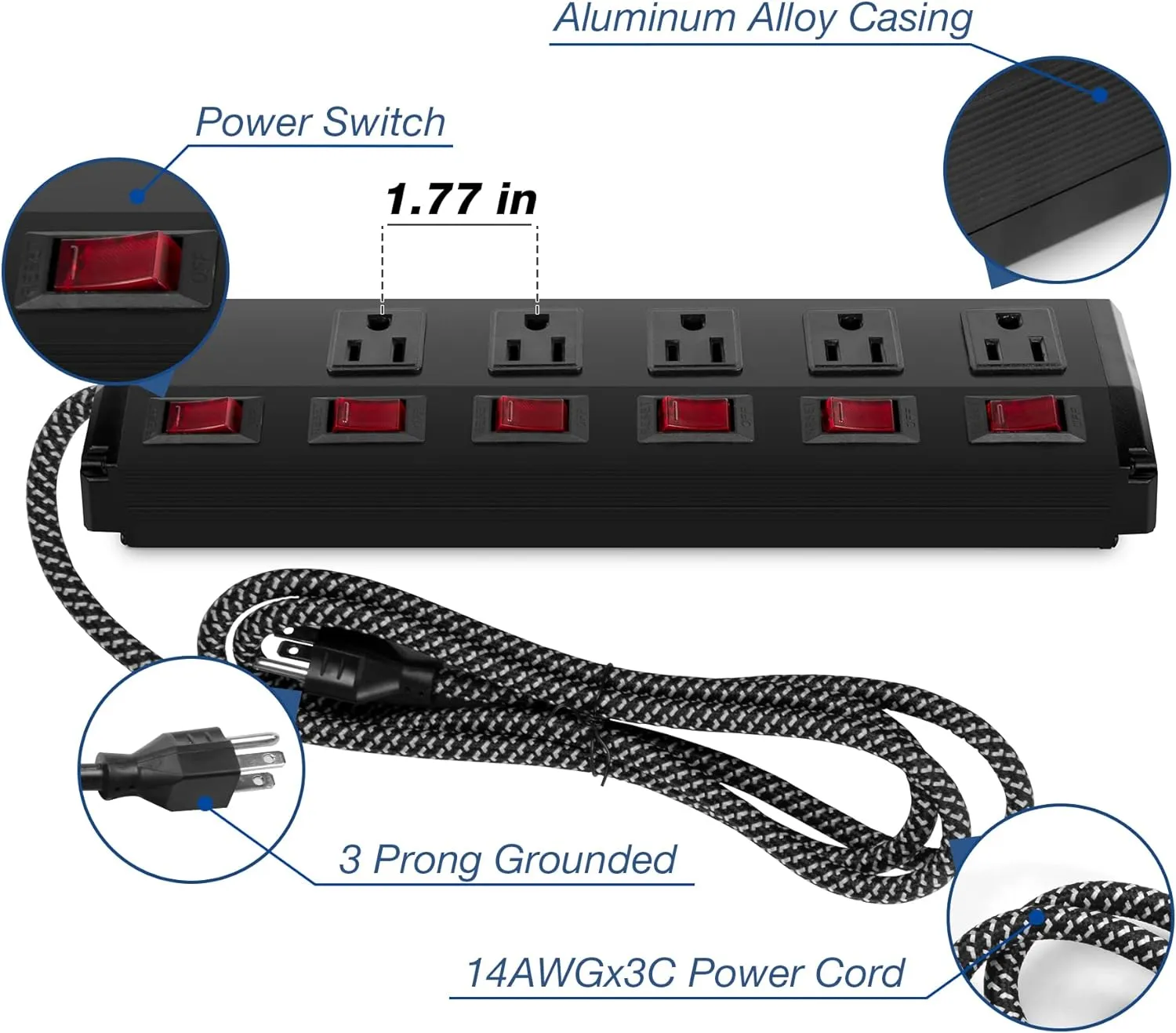 E-Macht 2 Pack Long Power Strip , 6 Metal Power Outlets 2 USB Ports, 6 ft Long Extension Cord