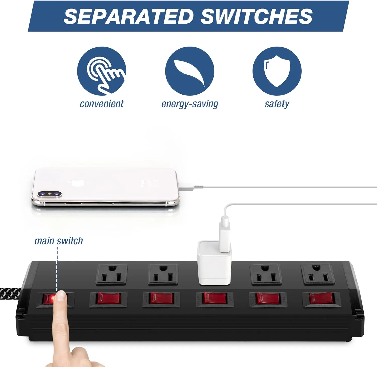 E-Macht 2 Pack Long Power Strip , 6 Metal Power Outlets 2 USB Ports, 6 ft Long Extension Cord