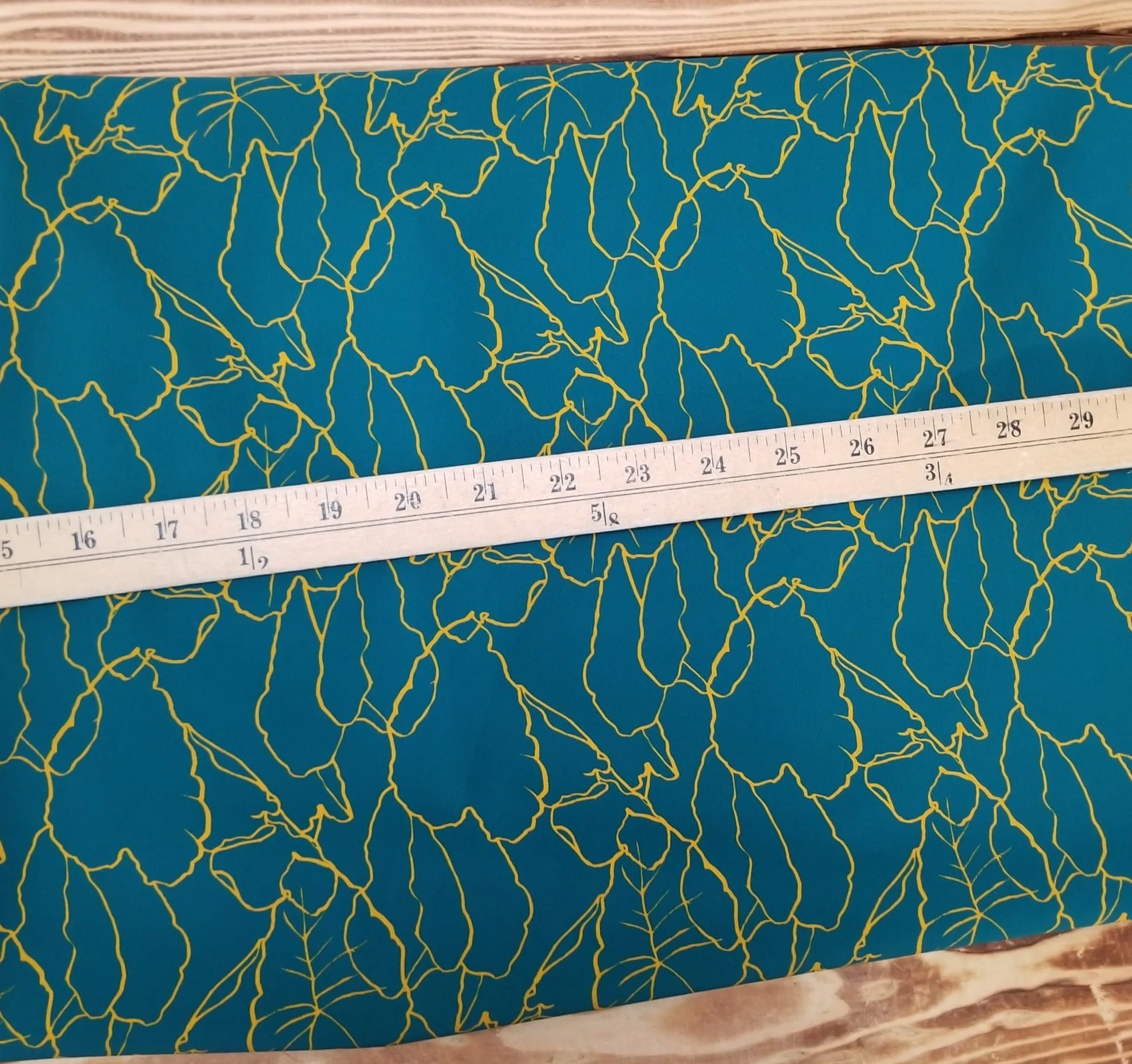 End of Bolt: 2 yards of Designer Deadstock Nylon Spandex Swim Performance Wear Abstract Scribble Plants Golden and Teal Conversational Knit- remnant
