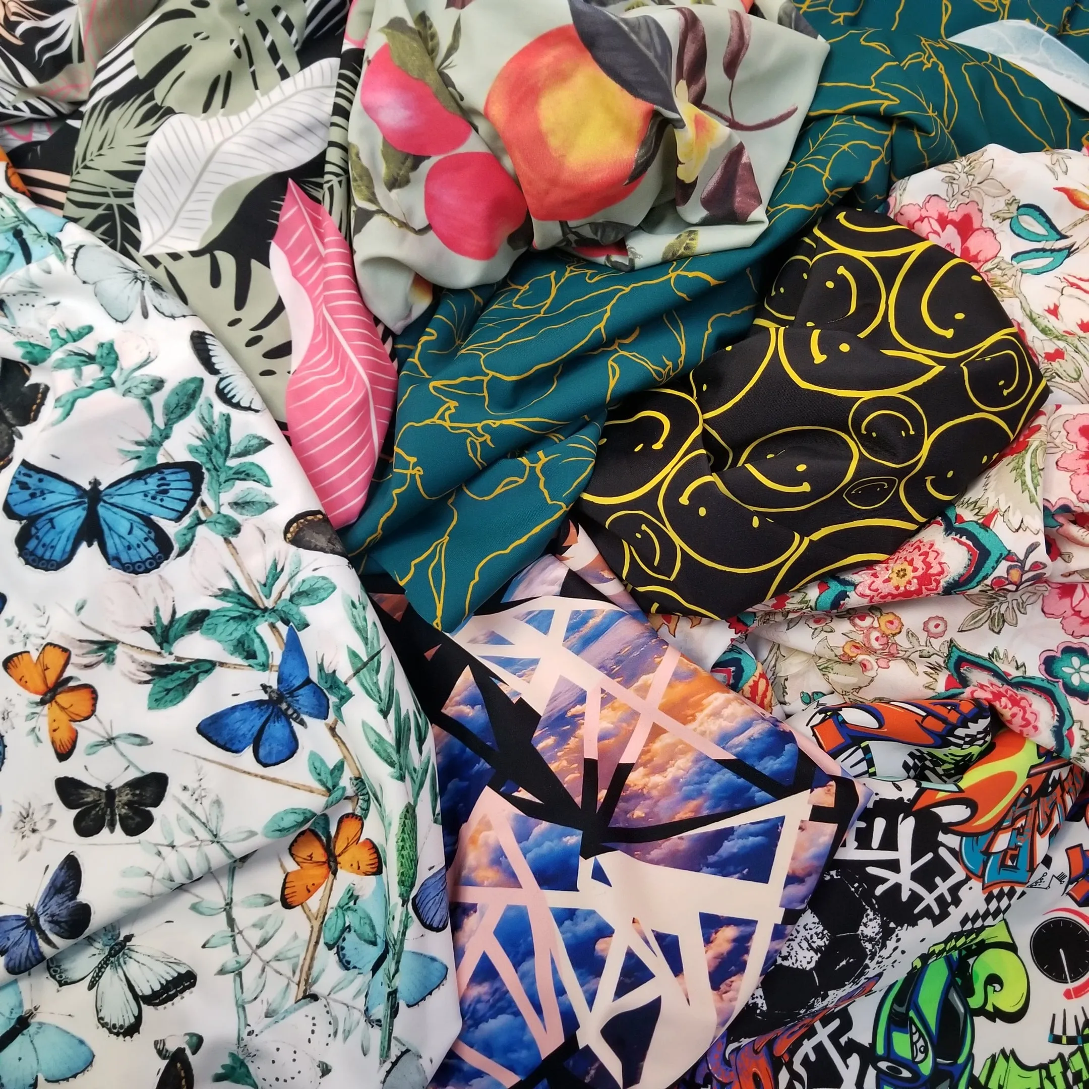 End of Bolt: 2 yards of Designer Deadstock Nylon Spandex Swim Performance Wear Abstract Scribble Plants Golden and Teal Conversational Knit- remnant