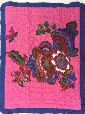 Fuchsia Floral and Butterfly Print Blanket with Blue Trim