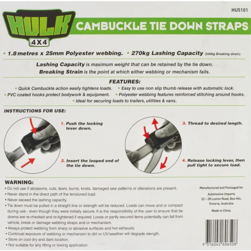 Hulk Cambuckle Tie Down Straps | Pack of 4