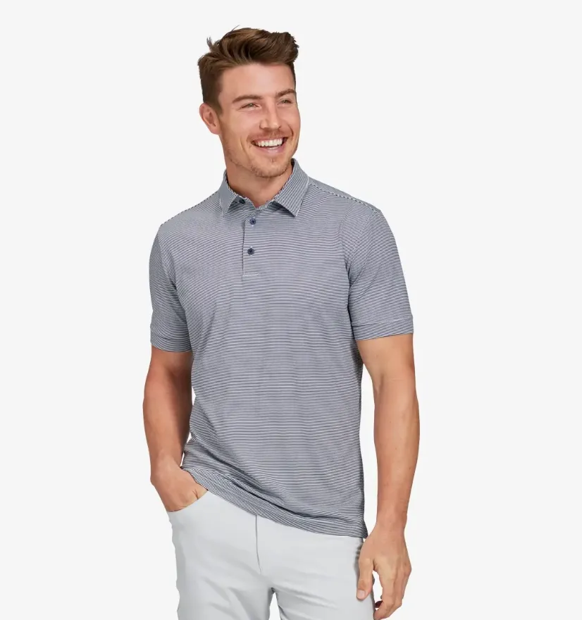 Mizzen & Main Men's Versa SS Polo - Classic Fit Navy & Light Blue Stripe