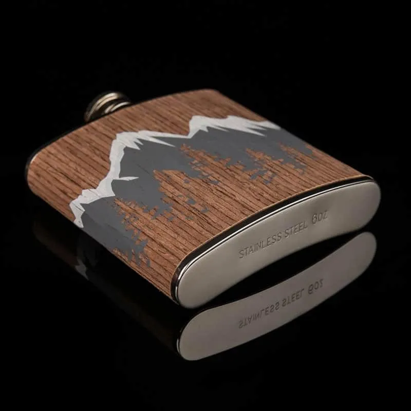 Mountains Printed Wood Coated Hip Flask