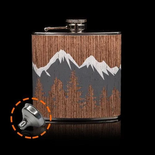 Mountains Printed Wood Coated Hip Flask