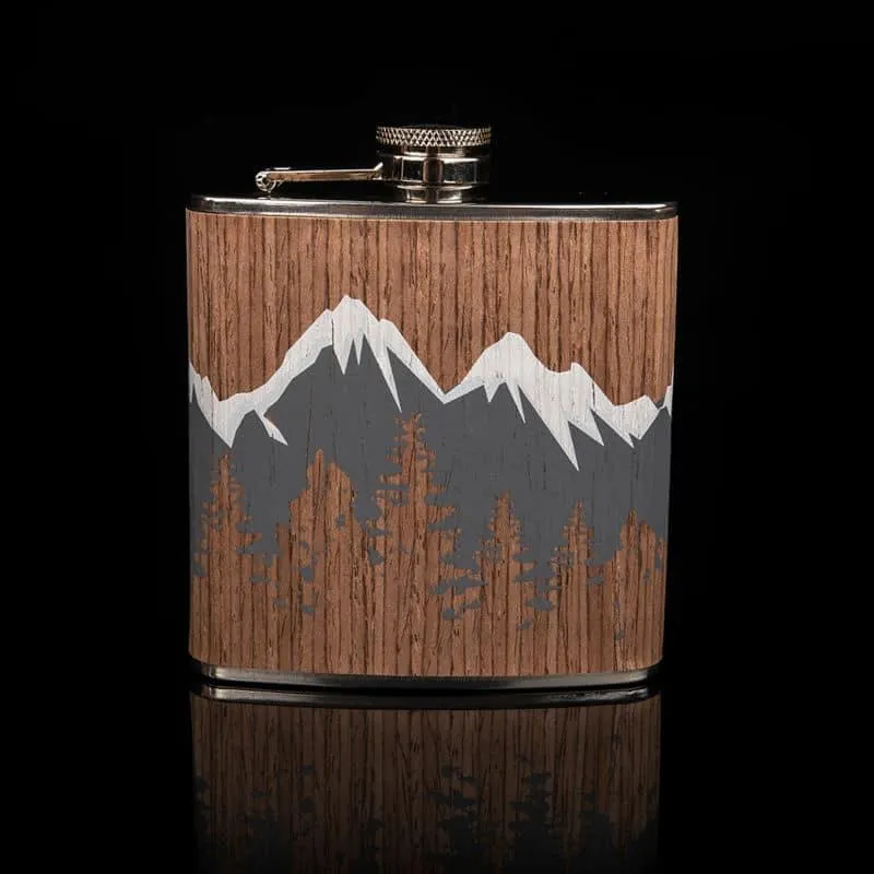 Mountains Printed Wood Coated Hip Flask