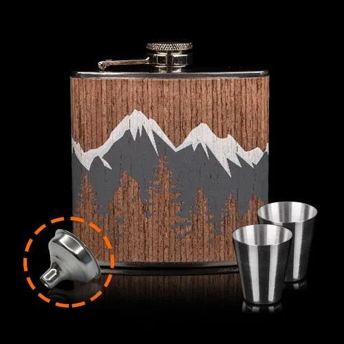 Mountains Printed Wood Coated Hip Flask
