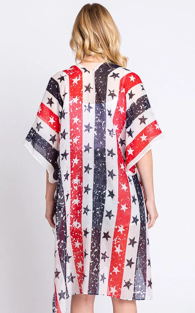 MS0382 AMERICAN FLAG STAR KIMONO COVER UP