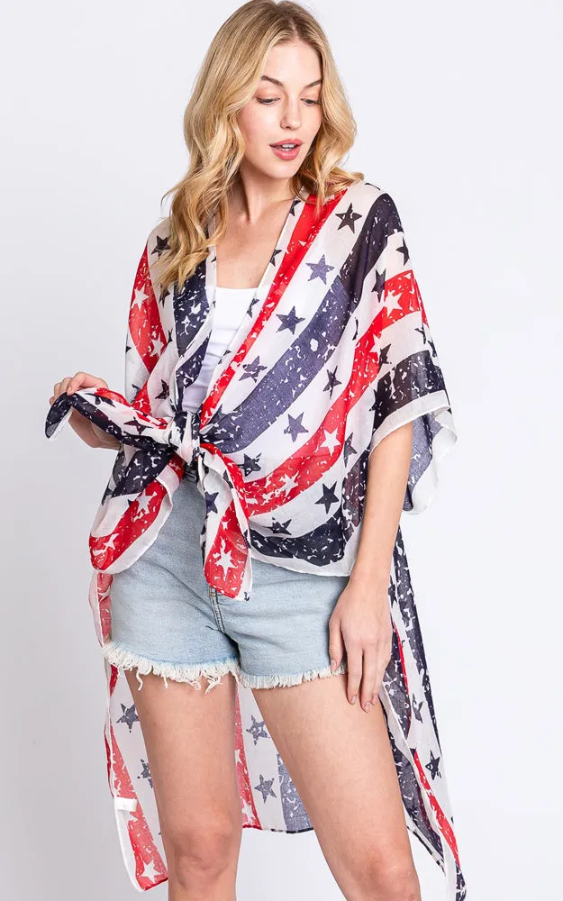 MS0382 AMERICAN FLAG STAR KIMONO COVER UP