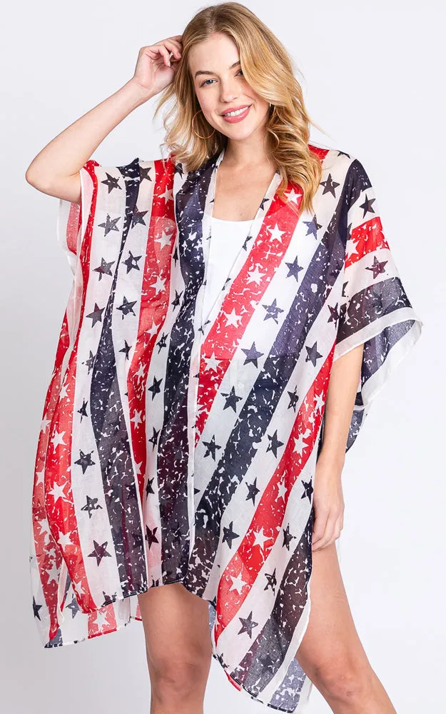 MS0382 AMERICAN FLAG STAR KIMONO COVER UP