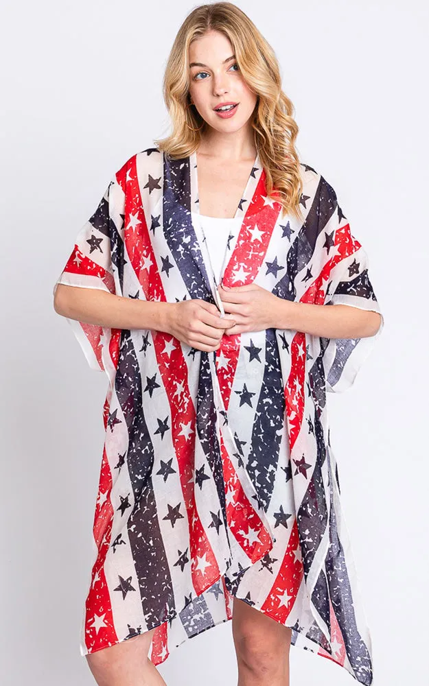 MS0382 AMERICAN FLAG STAR KIMONO COVER UP