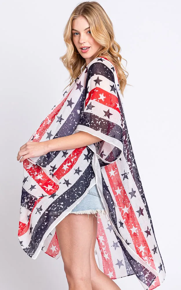 MS0382 AMERICAN FLAG STAR KIMONO COVER UP