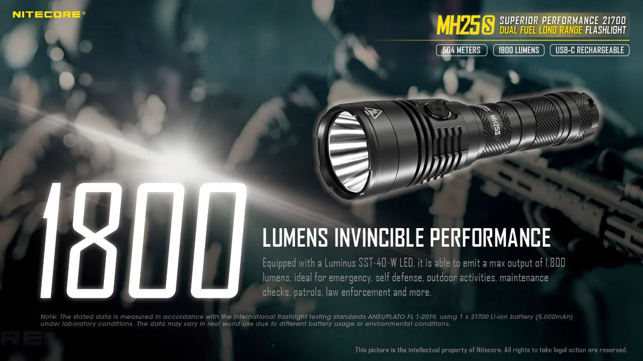 NITECORE 1800 LUMENS DUAL FUEL LONG RANGE FLASHLIGHT (MH25S)