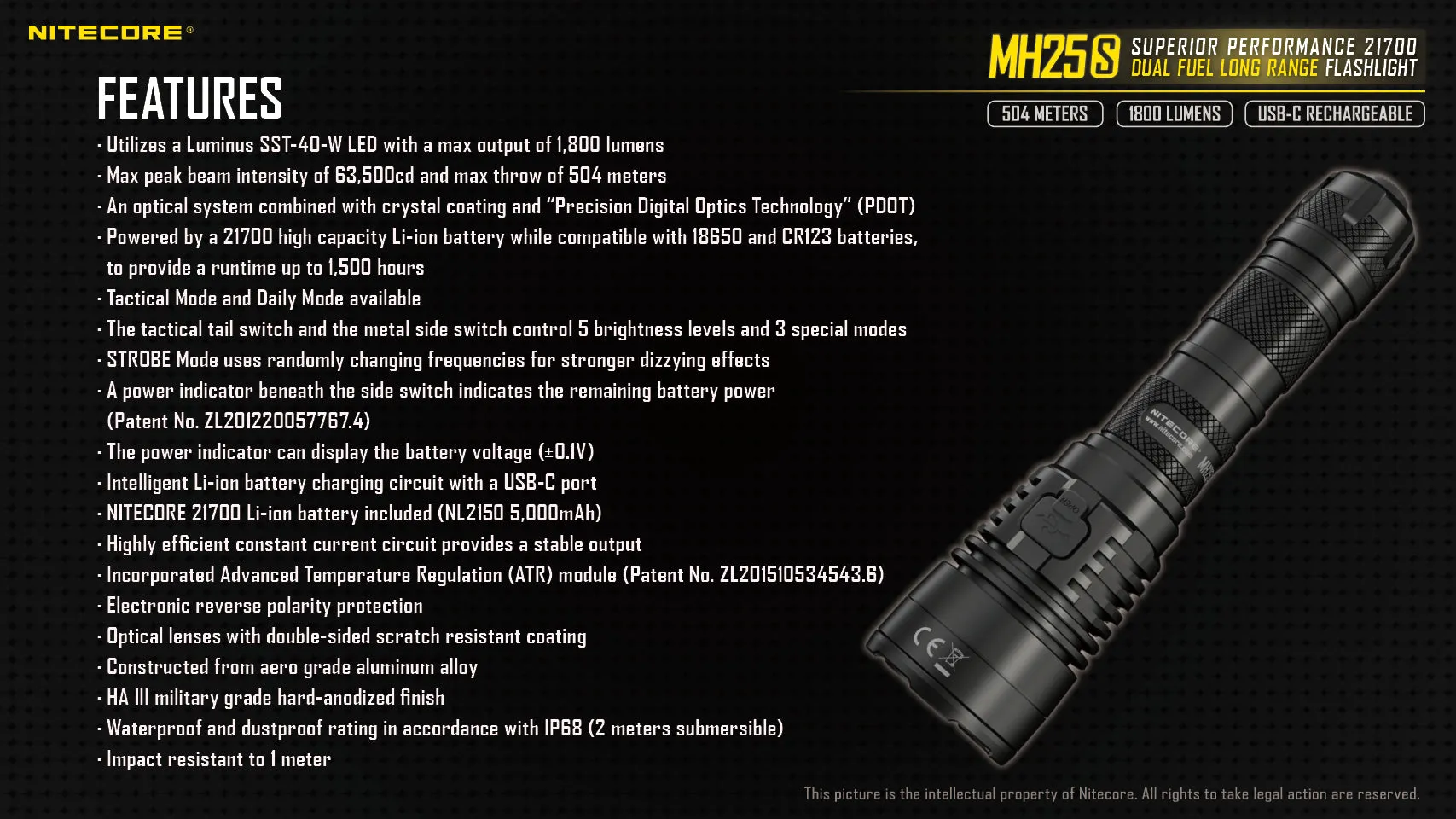NITECORE 1800 LUMENS DUAL FUEL LONG RANGE FLASHLIGHT (MH25S)