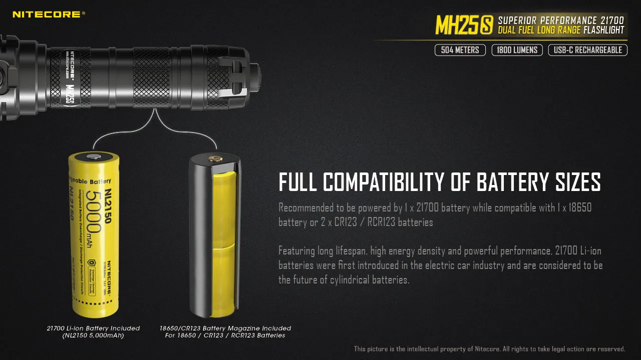 NITECORE 1800 LUMENS DUAL FUEL LONG RANGE FLASHLIGHT (MH25S)