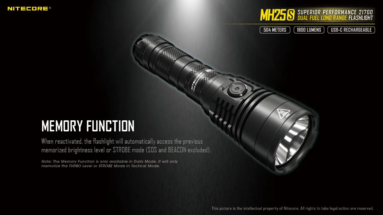 NITECORE 1800 LUMENS DUAL FUEL LONG RANGE FLASHLIGHT (MH25S)