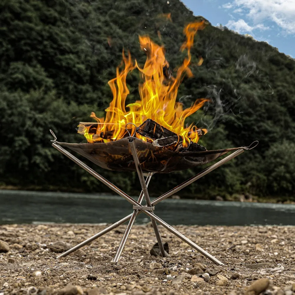 Outdoor Fire Burn Pit Stainless Steel Frame & Net Foldable Poles & Bag