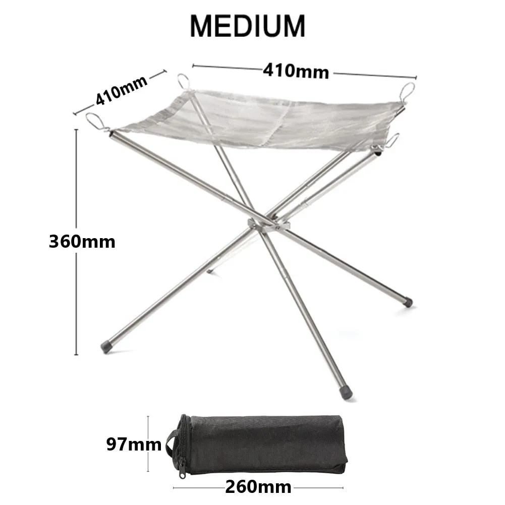 Outdoor Fire Burn Pit Stainless Steel Frame & Net Foldable Poles & Bag