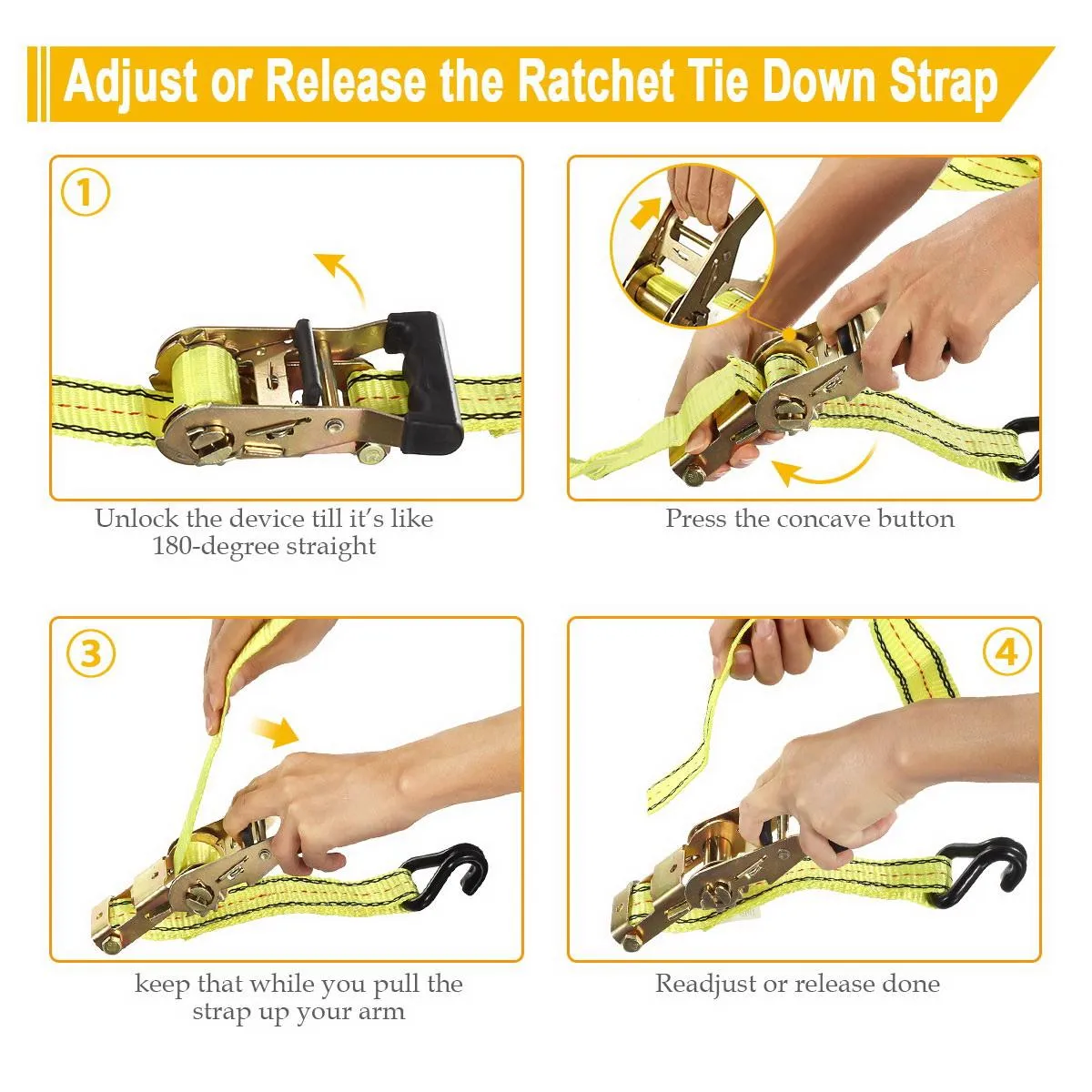 Partsam Heavy Duty Ratchet Cargo Tie Down Straps, 3000lbs Break Strength - (4) Heavy Duty 1.5inch x 15' Cargo Tiedowns with Steel Dual J-Hooks for Moving, Hauling, Motorcycles, Securing Cargo (Yellow)