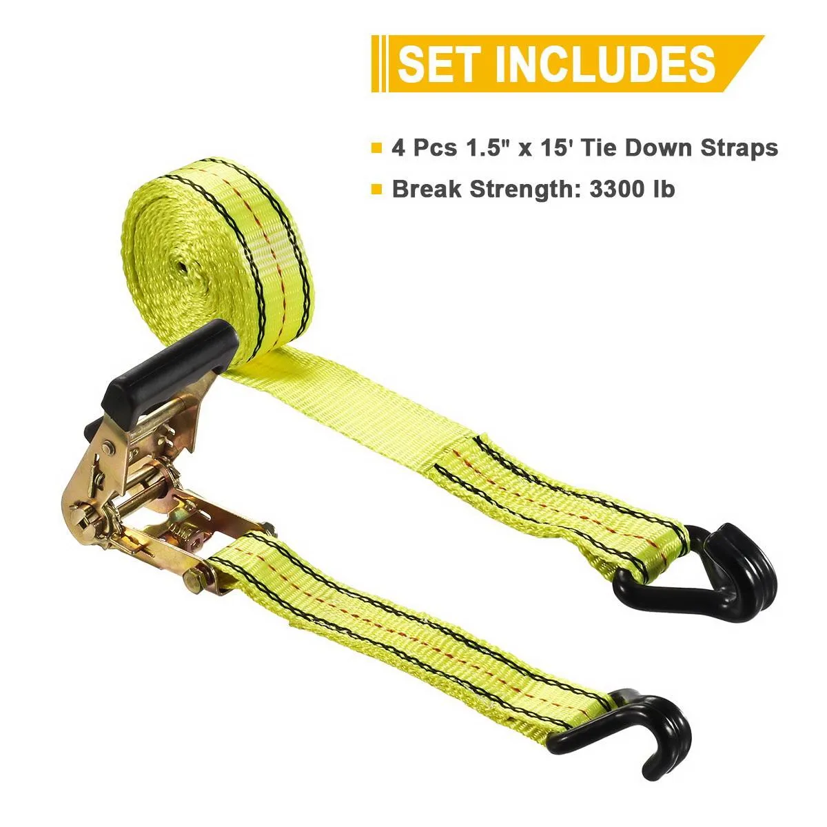 Partsam Heavy Duty Ratchet Cargo Tie Down Straps, 3000lbs Break Strength - (4) Heavy Duty 1.5inch x 15' Cargo Tiedowns with Steel Dual J-Hooks for Moving, Hauling, Motorcycles, Securing Cargo (Yellow)