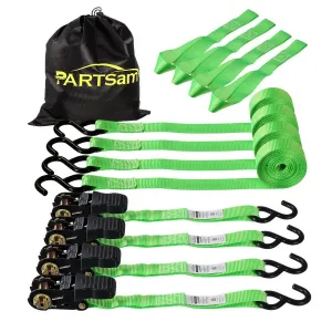 Partsam Ratchet Straps Heavy Duty Tie Down Set, 1500 Break Strength - (4) Heavy Duty 1" x 15' Cargo Tiedowns with Handles & Stainless Steel S Hooks for Moving, Securing Cargo in Carry Bag (Green)