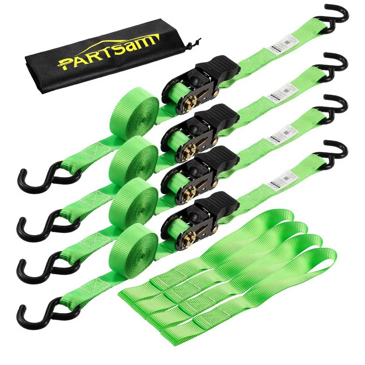Partsam Ratchet Straps Heavy Duty Tie Down Set, 1500 Break Strength - (4) Heavy Duty 1" x 15' Cargo Tiedowns with Handles & Stainless Steel S Hooks for Moving, Securing Cargo in Carry Bag (Green)