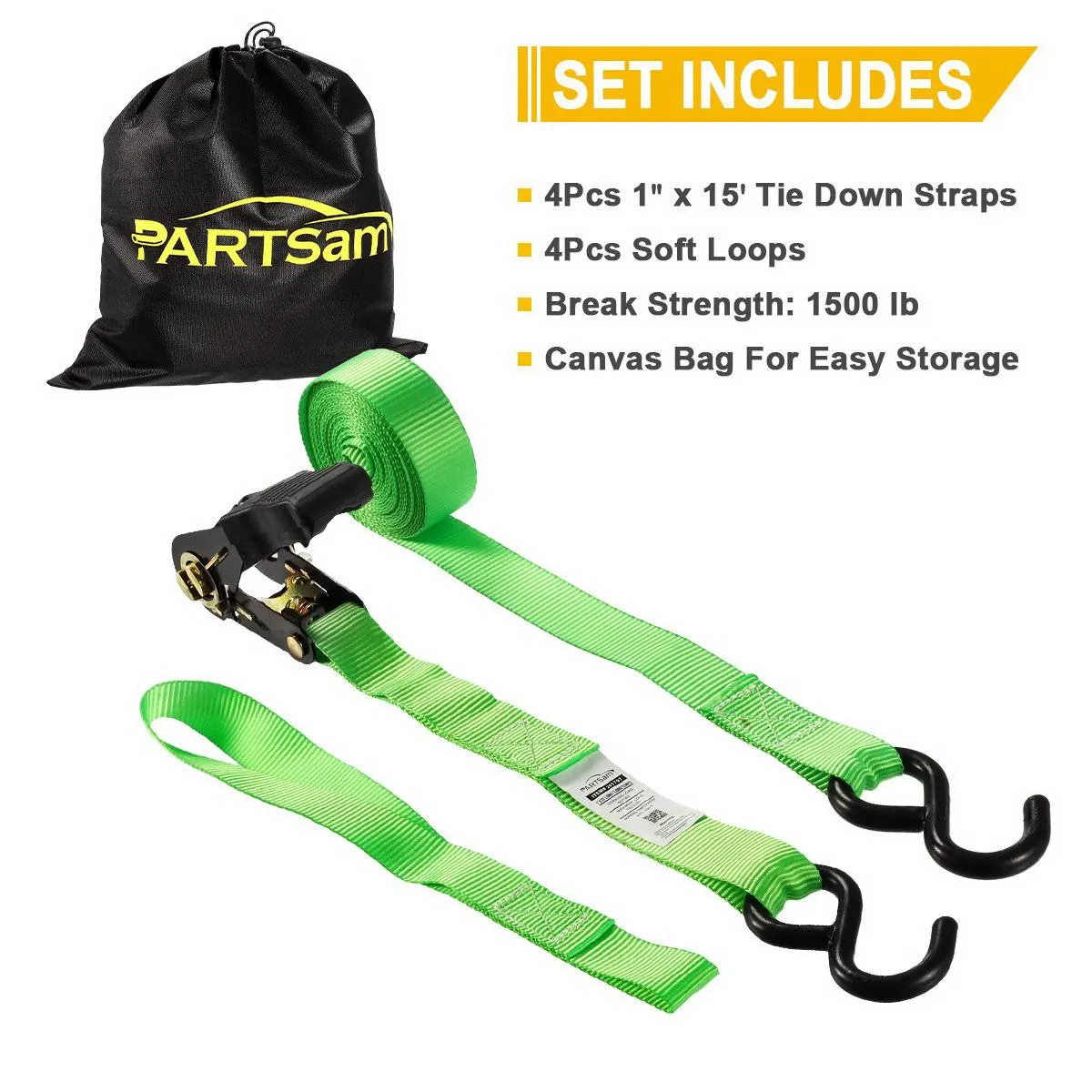 Partsam Ratchet Straps Heavy Duty Tie Down Set, 1500 Break Strength - (4) Heavy Duty 1" x 15' Cargo Tiedowns with Handles & Stainless Steel S Hooks for Moving, Securing Cargo in Carry Bag (Green)