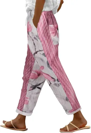 Women's Cotton Linen Summer Palazzo Pants 2025 Wide Leg Beach Lounge Trousers with Pockets Vacation Outfits B-Pink